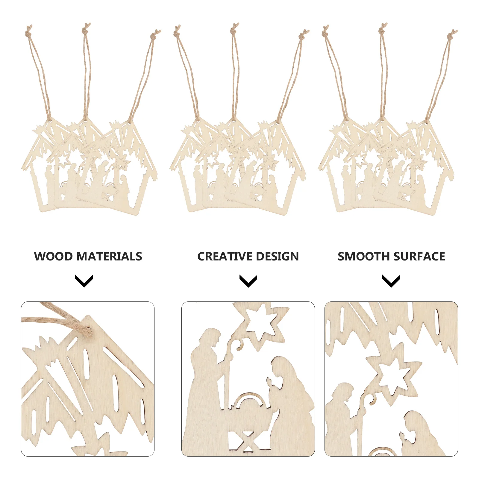 

20Pcs Jesus Birth Theme Pendant Hemp Rope Wood Hanging Decor Home Festival Ornament Religious Decoration Wood Hanging Decor