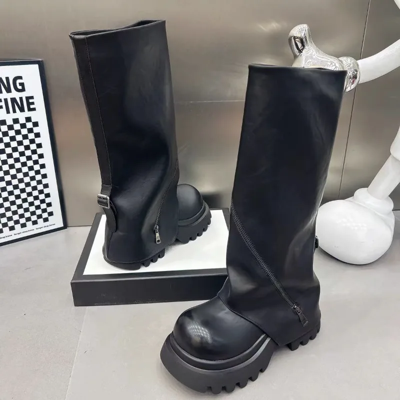 

Женские высокие сапоги на платформе, модная обувь на плоской подошве, зимняя элегантная женская обувь в стиле ретро, Botas, новинка 2023 года, повседневные уютные дизайнерские мотоциклетные ботинки