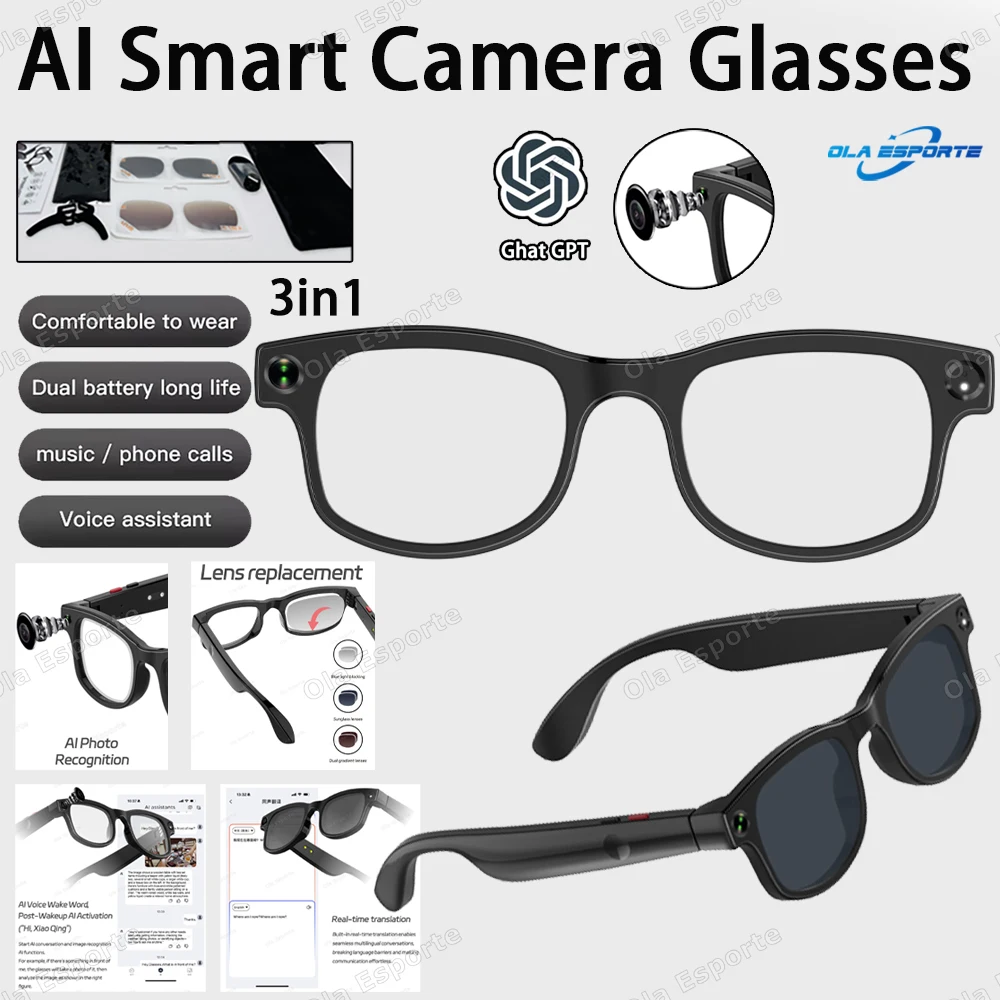 

New 1080P HD AI Smart Glasses Chat GPT AI Shooting Camera HD Photo Video Voice Call Translation Bluetooth Sunglasses Men Women
