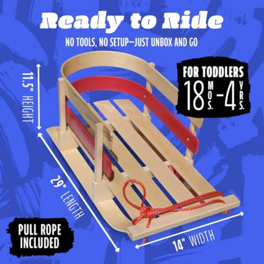 زلاجات ثلجية مرنة للأطفال الصغار - مزلقة سحب خشبية كلاسيكية لعمر 18 شهرًا إلى 4 سنوات، حبل سحب عالي الظهر