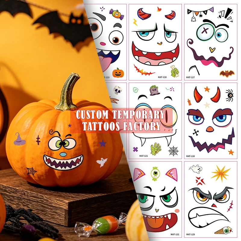 Hot New Creative Halloween Matte Pumpkin Face Water Transfer Temporary Tattoo Stickers for Trick or Treat Ghost Face