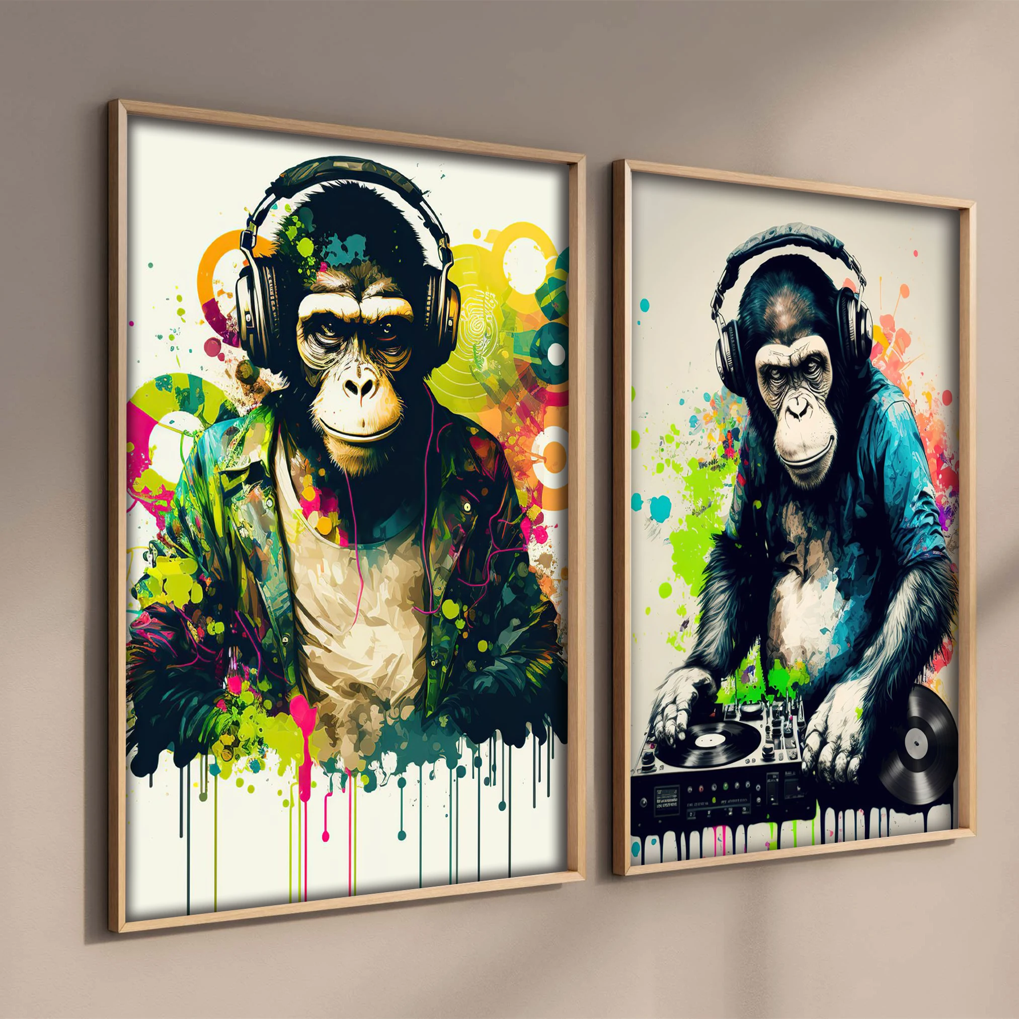 Pop Monkey Headphone Dj Music Poster Aesthetics Neon Punk Orangutan Baboon Rock Disco Canvas Print Wall Art Home Bar Room Decor