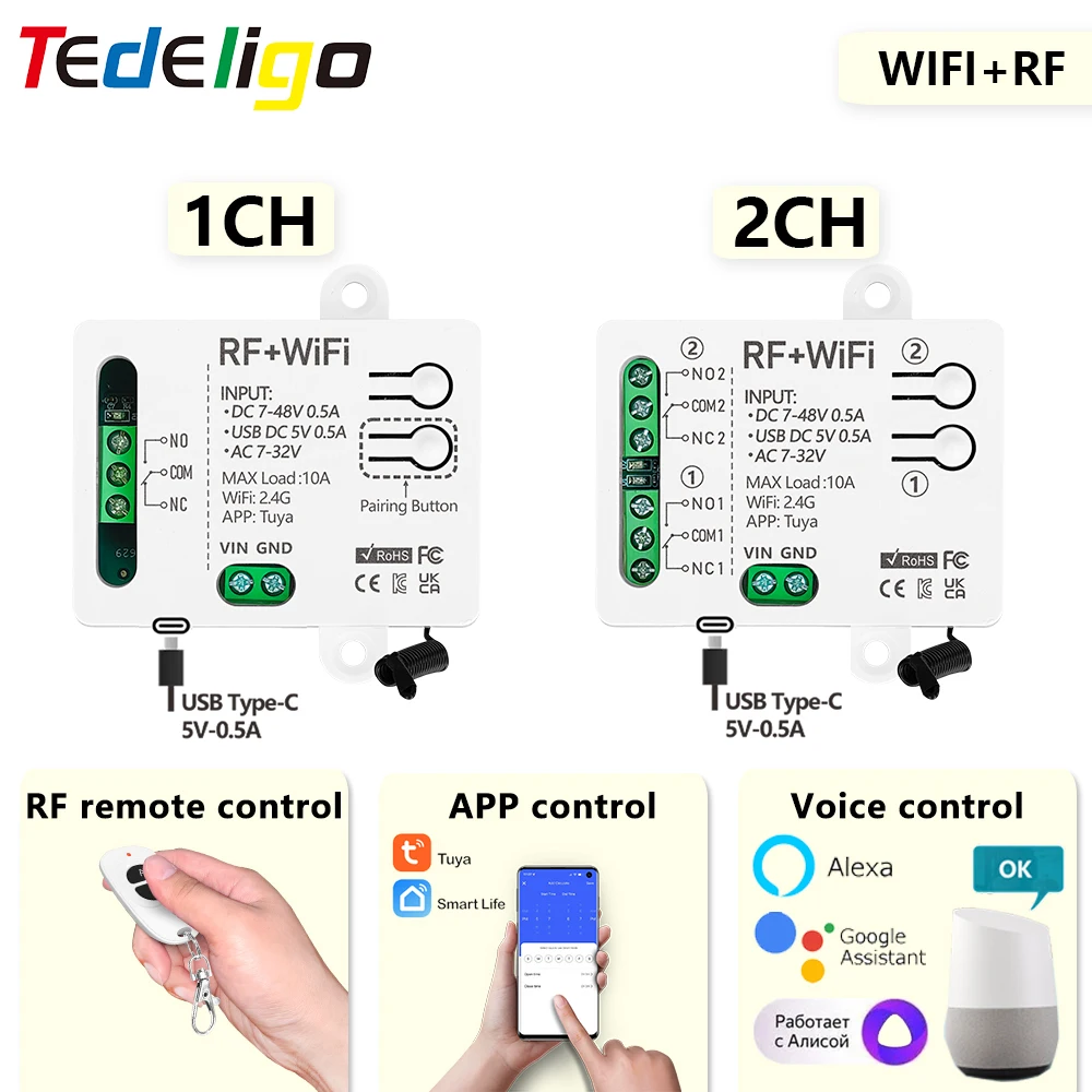 

Tuya WiFi Smart Switch Module 5V 12V 24V 48V 1CH 2CH 433mhz Wireless Remote Control With Alexa Google Home Alice for Lamp/Motor