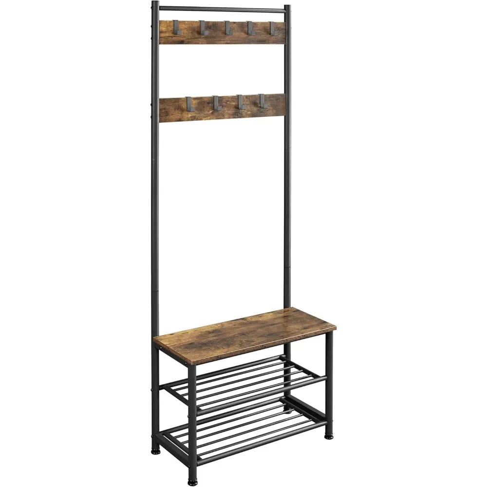 

Metal Hall Tree with Shoe Storage Bench Entryway Coat Rack with 2 Shoe Shelves & 9 Movable Hooks, Rustic Brown