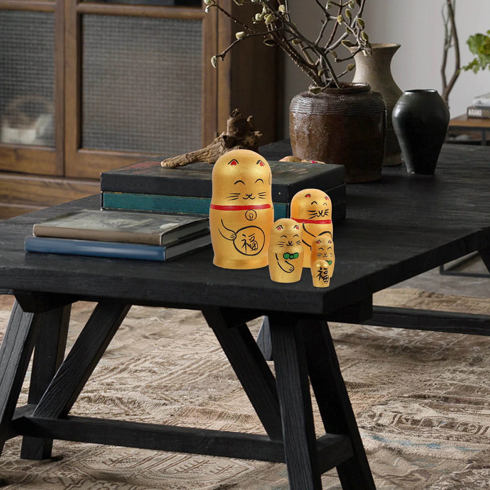 

1set Golden Cat Nesting 12x6cm Home Russian Stacking Toys Wood naments Gifts Kids Figurines
