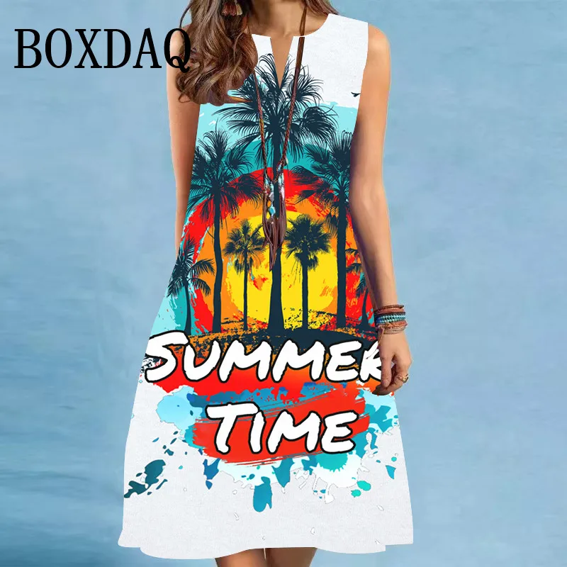 Palm Tree Graphic Tank Dresses For Women 3D Print Sleeveless Beach Hemp Palm Patter Dress Paint Vest Hawaii Colorful Loose Dress