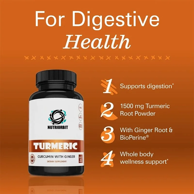 Curcumin and Ginger Supplement, Digestive Health with Black Pepper Extract, 60 Vegetable Capsules