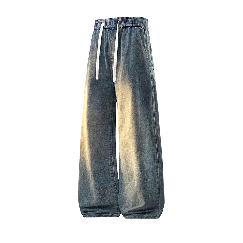 American Hongkong Style Gradient Washed Jeans Men Drawstring Waist Baggy Floor-Length Wide Leg Denim Pants