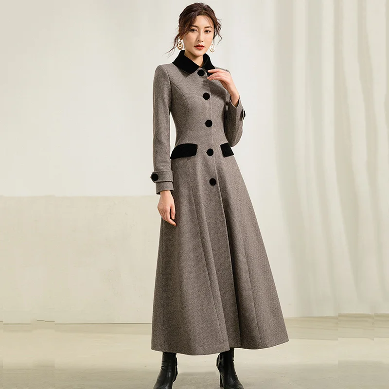 

Pop Women Long Wool Coat Autumn Winter Nice Fashion Elegant Thicken Houndstooth Slim Long Woolen Coat Outerwear Female