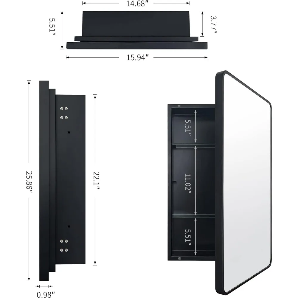 Schwarzer Badezimmer-Medizinschrank mit Einbau- oder Oberflächenmontage und 16-Zoll-Spiegel, Badezimmer-Aufbewahrungsschrank mit großem Raum