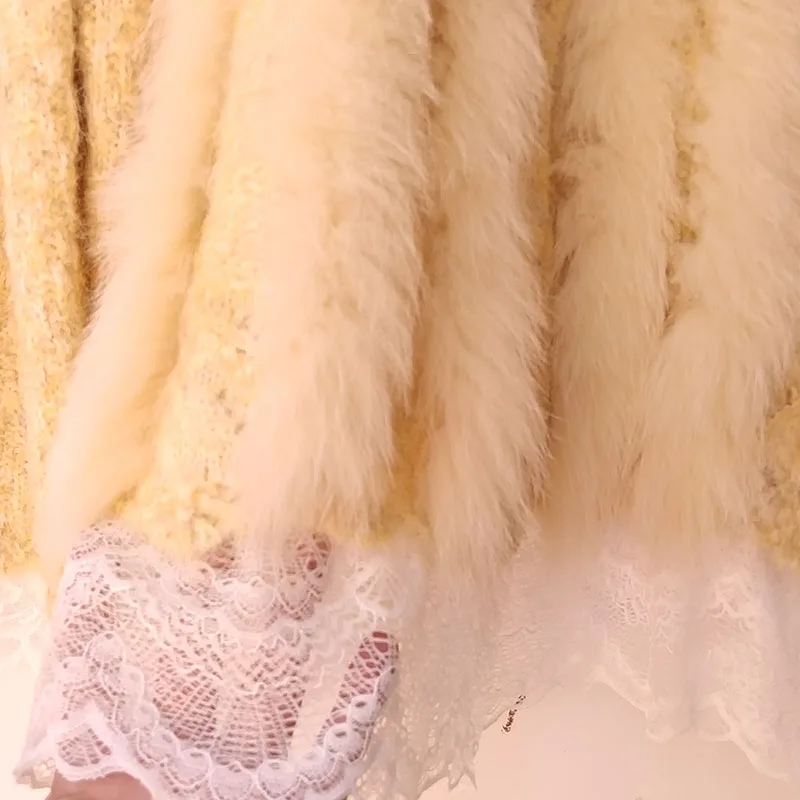 새로운 리얼 폭스 퍼 트리밍 롱 니트 귀여운 가디건 여성용 O넥 긴팔 꽃 장식 버튼 가디건 스웨터