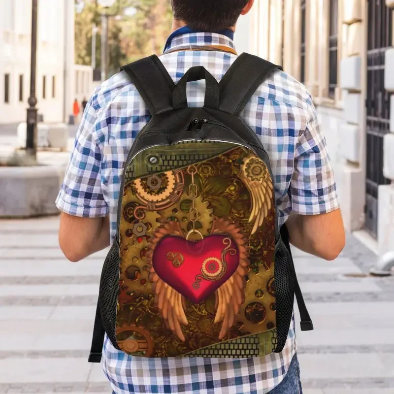 Mochilas con estampado 3D de corazón Steampunk con alas para ordenador portátil, morrales de Metal con engranajes mecánicos, mochilas escolares universitarias, bolsa de libros para computadora portátil de 15 pulgadas