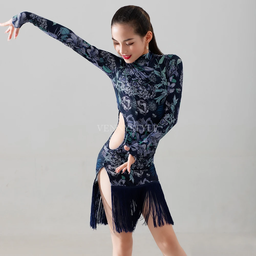 Vennystyle Latin Dance Dress Girls Long Sleeve Fringe Floral Design Practice Wear Professional Standard Training Outfit