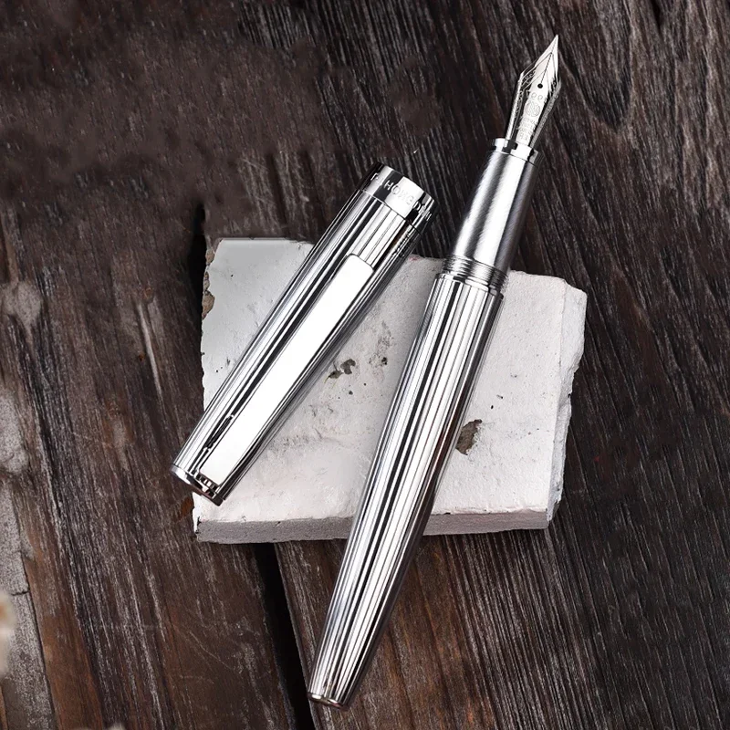 Hongdian 1845 Metal Fountain Pen Stainless Steel Ink Pen Beautiful Stripe EF/F Nib Silver/Black Office Business Writing Ink Pen