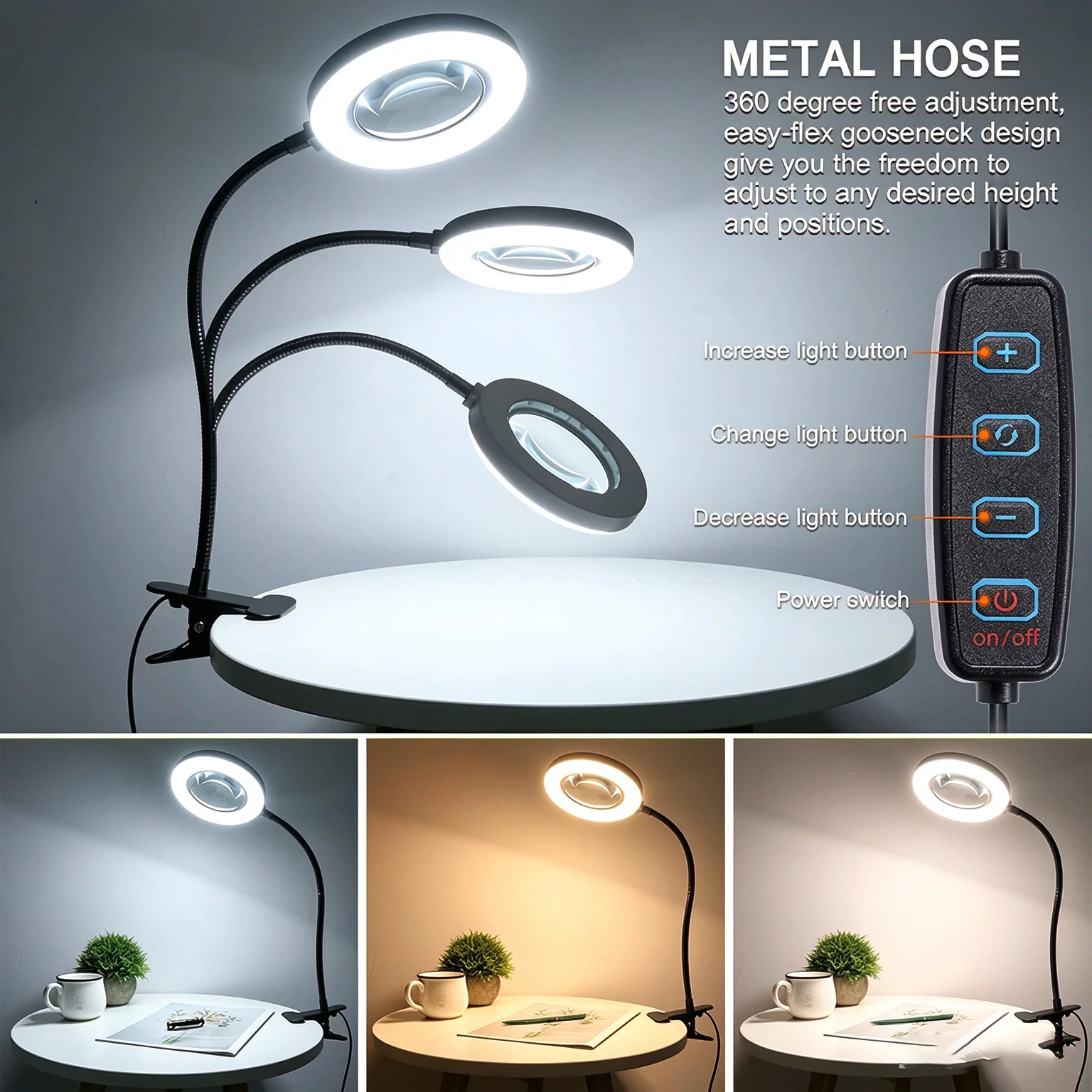 5X 10X Clip-on Magnifying Glass 3 Colors 10 Brightness Magnifier with Light 48/56 LED Magnifier Lamp for Desk Headboard Reading