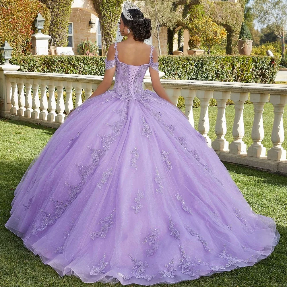 EVLAST-vestido De quinceañera con hombros descubiertos para mujer, vestido De baile De encaje, apliques De cuentas, dulce 16, 15 Años, TQD086, nuevo