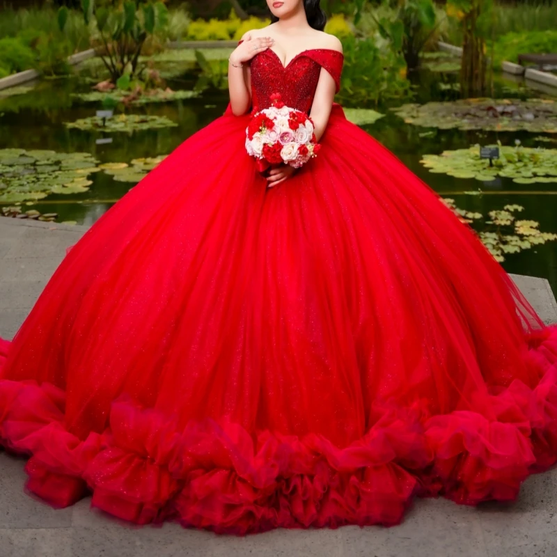 

Красное платье Quinceanera, бальное платье с открытыми плечами и бисером, многоуровневое тюлевое платье Sweet 16, Vestidos De 15 Anos