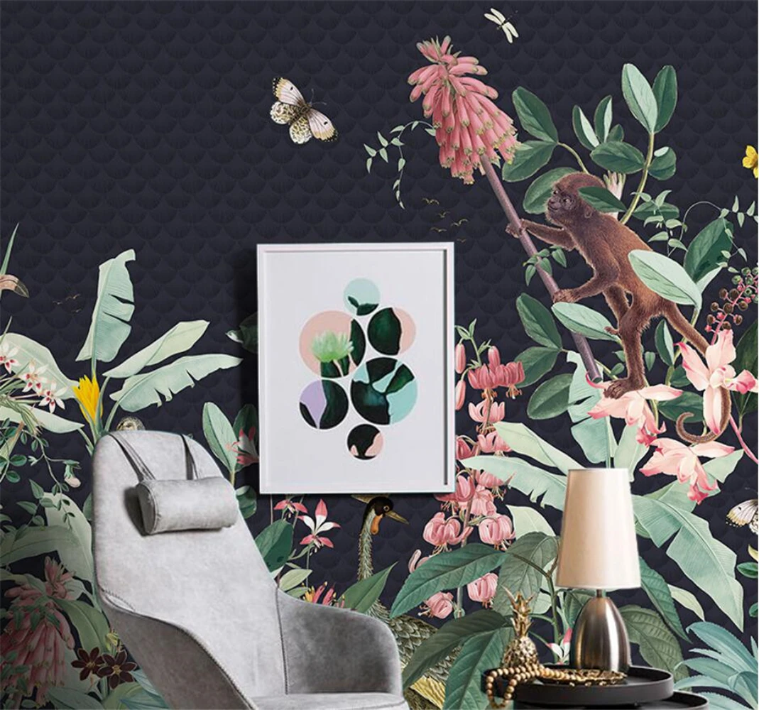 Papel de parede Nordic มือวาด tropical บทคัดย่อ plant art 3d วอลล์เปเปอร์ห้องนั่งเล่นโซฟาทีวีพื้นหลังกําแพงตกแต่งบ้าน