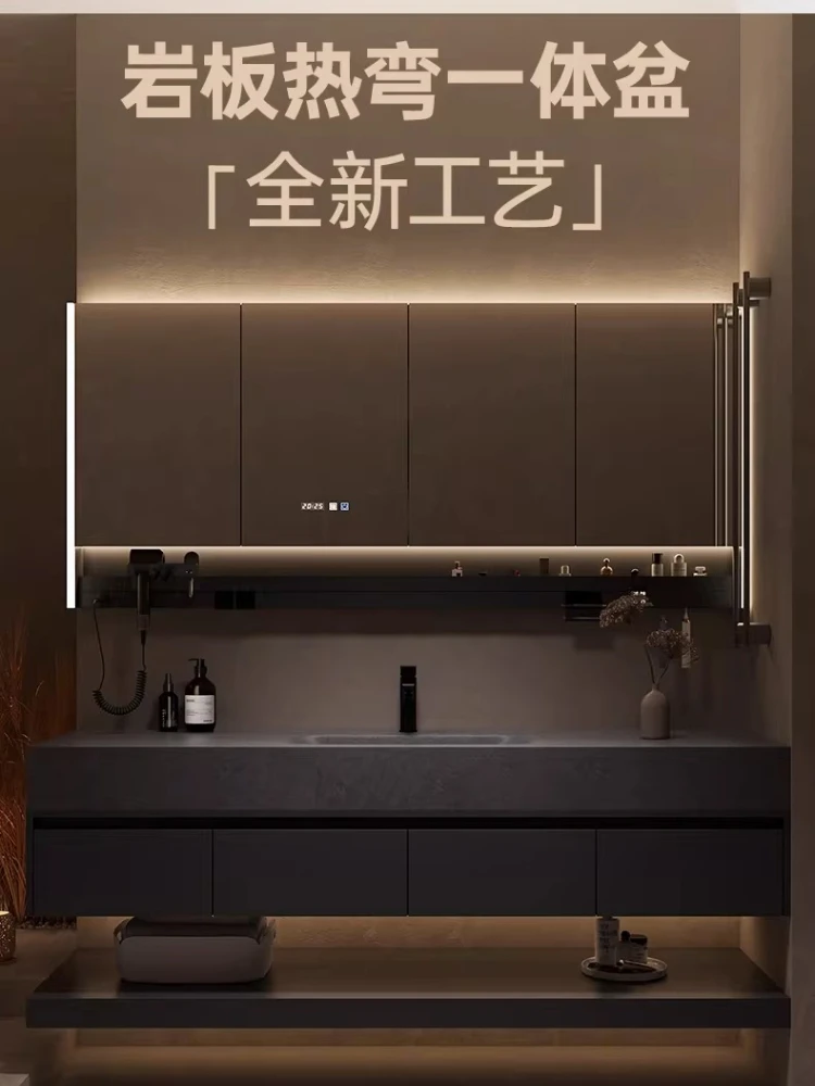 Hotel rock slab hot bending integrated basin bathroom cabinet double layer hanging washing table combination