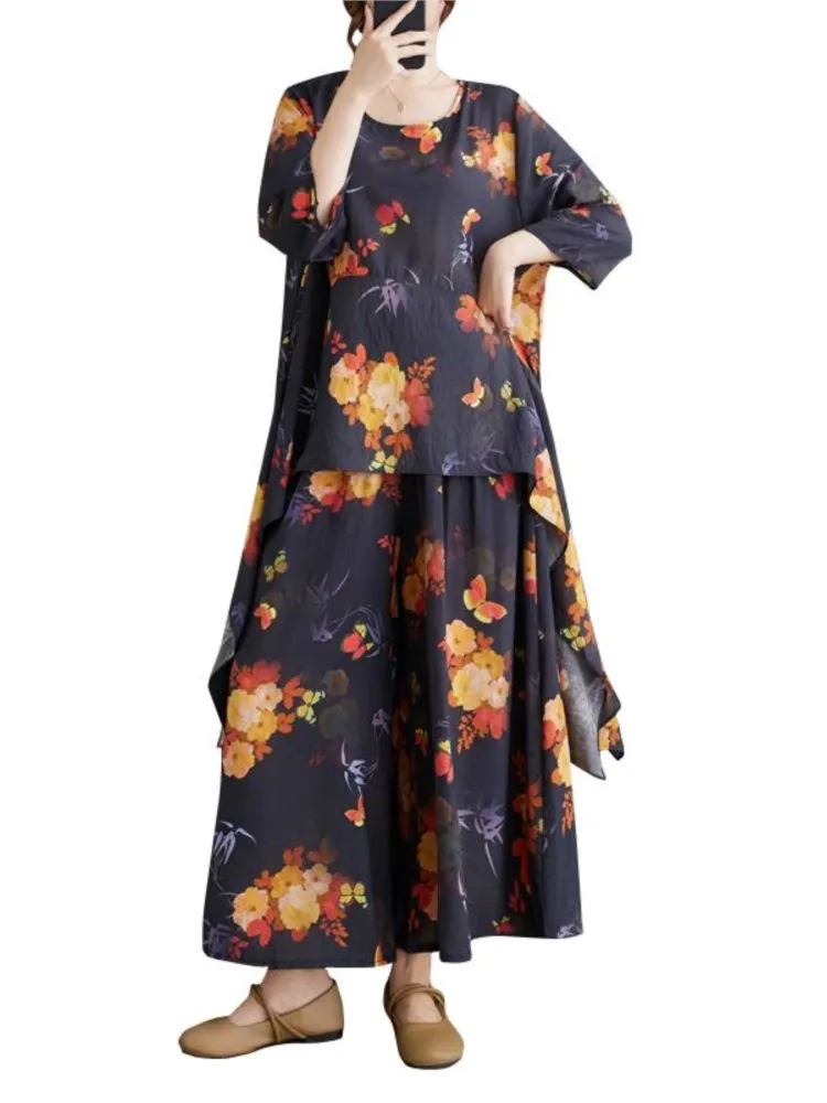 Übergroßes Sommerblumen-2-Zweiteiler-Set für Damen, T-Shirt, modisch, unregelmäßige Damenblusen, lockere Damenhose mit weitem Bein