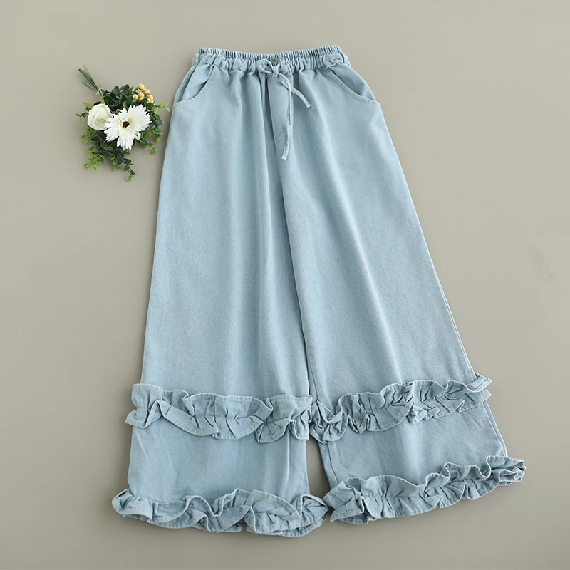 

Spring Summer Japanese Sweet Mori Girl Denim Cotton Wide Leg Pants Women Elastic Waist Casual Loose Jeans Cropped Pants