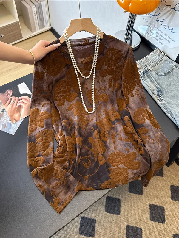 Retro Chinese Sle Long Sve Fce Lined T-irt Women's Dstring Waist Cinched Base irt Floral Embroidered Regular Fit