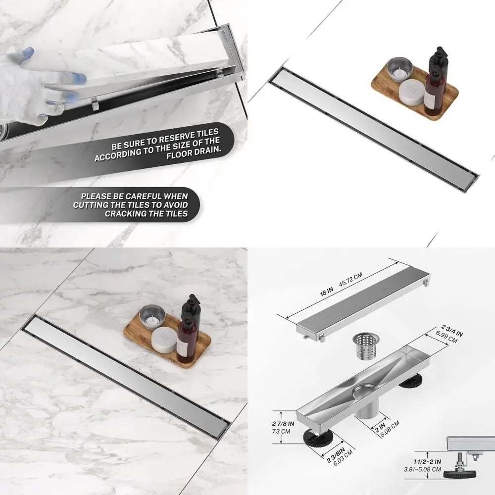 

18 Linear Shower Drain with Dual Flat & Insert Covers, 304 Stainless Steel, Hair Strainer, Leveling Feet, Brushed Nickel