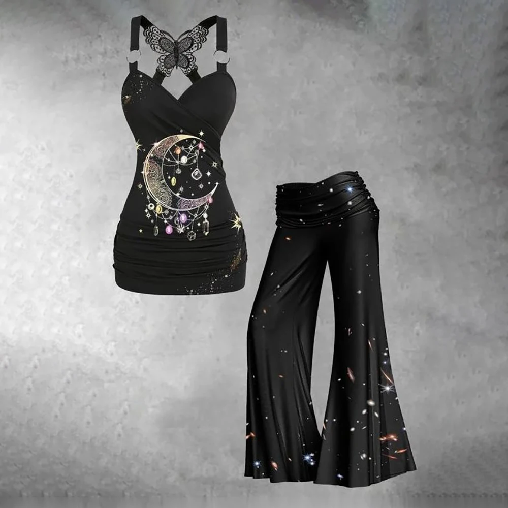 

Starry Sky Printed Women 2-Piece Set Casual Cross-strap Sleeveless Sexy V-Neck Vest Tops Straight-Leg Flared Trousers Pants Sets