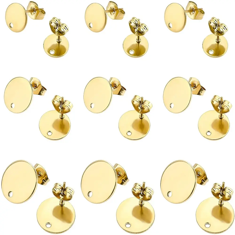 

36Pcs 3 Styles Ion Plating(IP) 304 Stainless Steel Stud Earring Findings Flat Round with Loop and Flat Plate