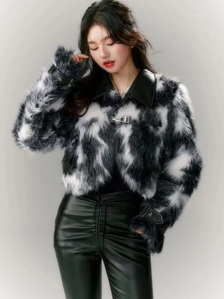 Fashion Tie Dye Faux Lamb Coat Women Y2K Streetwear All Match Hairy Crop Outerwear Fall Winter Pu Leather Patchwork Fur Jacket