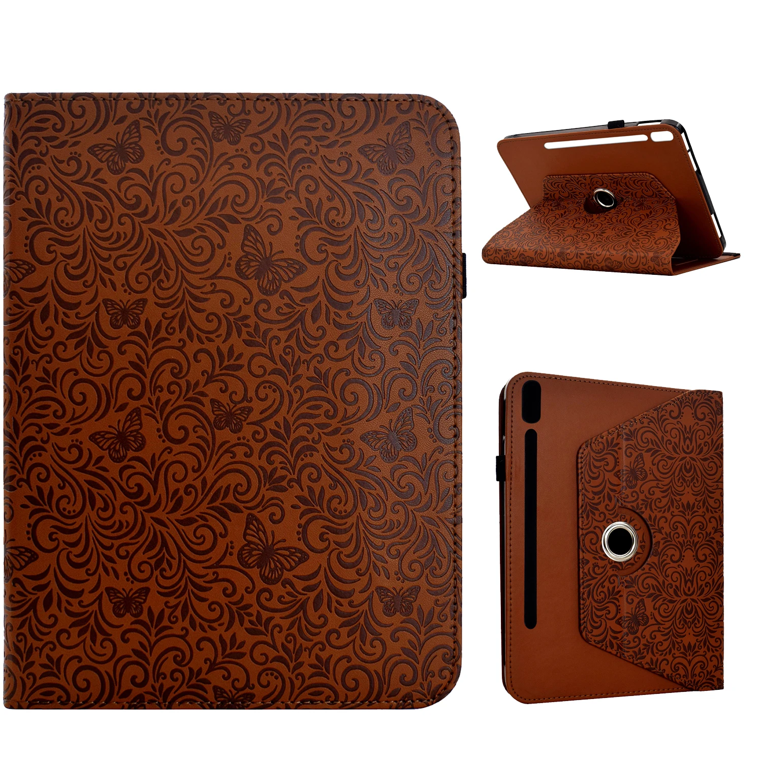 For Samsung Galaxy Tab S10 FE+ Case Butterfly Flower Imrpint Leather Tablet Cover with Rotary Stand Card Holder - Brown
