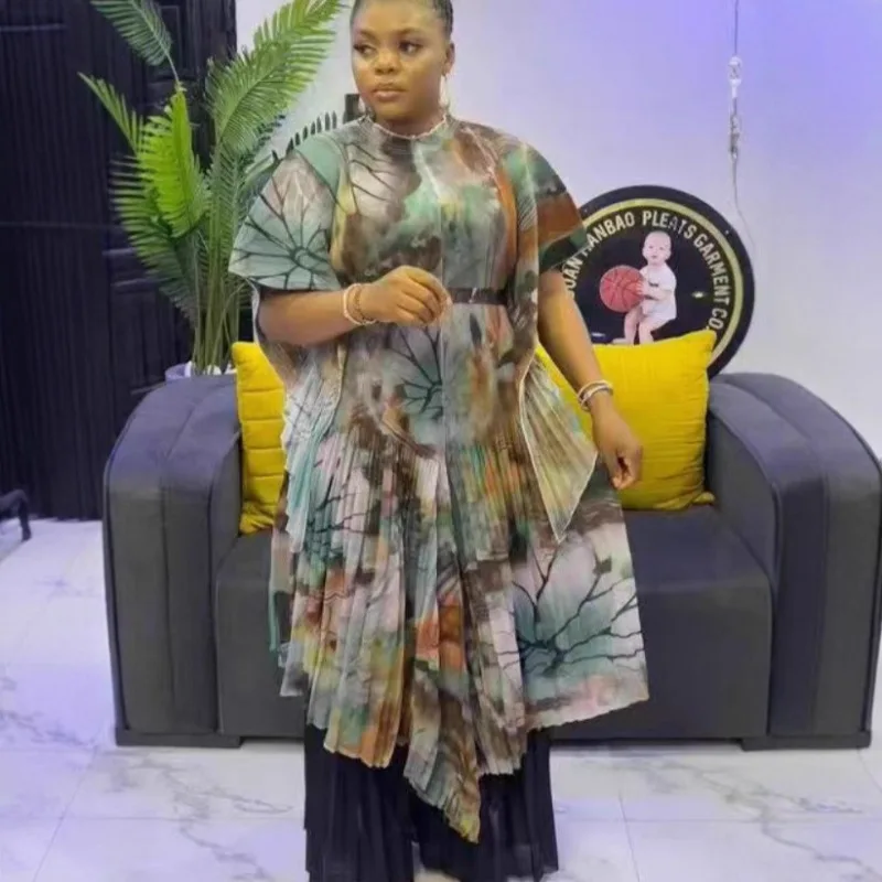 

Africa Miyake Pleated Women's Dress Set New Fashion Casual Long Top Printed Loose Wide Leg Pants Large Size Stretch 2 Piece Set