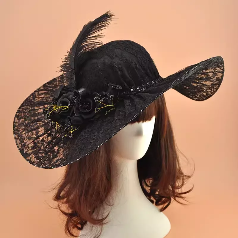 Chapeau haut de forme en dentelle aristocratique pour les patients, coiffe rétro, chapeau de plumes, accessoires de mariage, noiva de mariée, palais