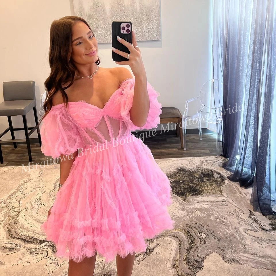 Pink Homecoming Dress 2k23 Short Hoco Ruffed Ballon Sleeves Drama Graduation Cocktail Party Wedding Guest Holiday Gown Blue