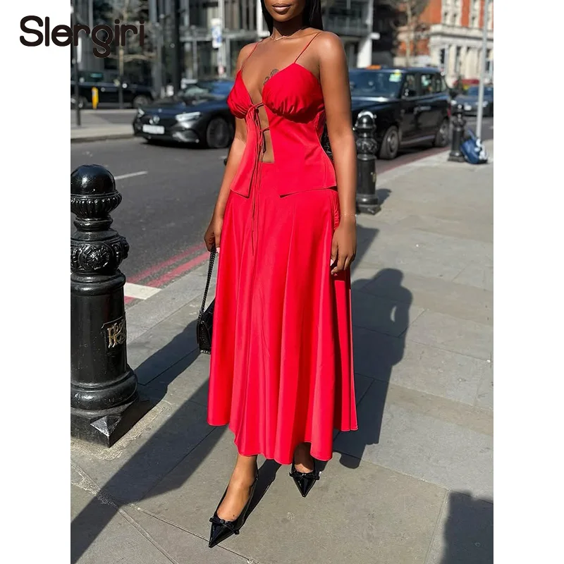 

Slergiri Two Pieces Outfits Women Fashion New 2026 Summer Sexy Deep V-neck Lace-up Cami Top + Big Swing Long Skirts Party Sets