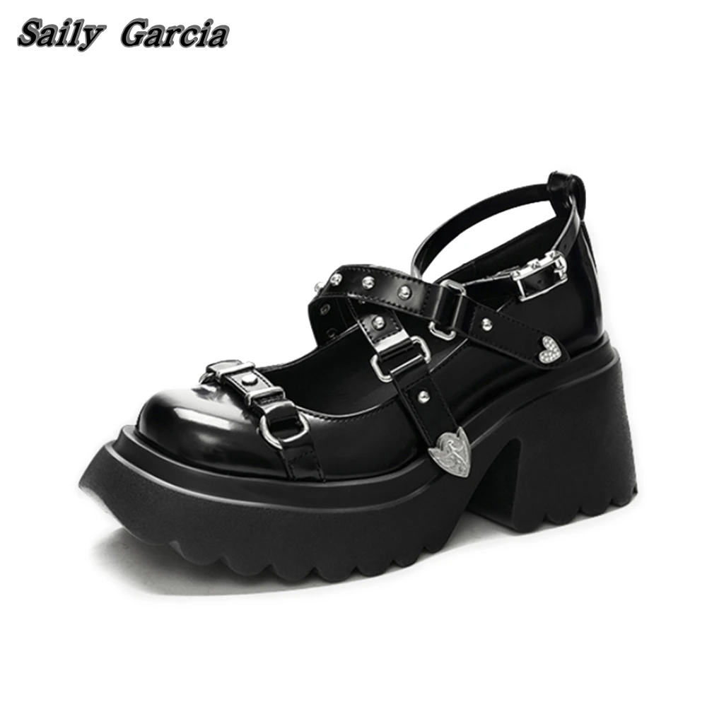 Genuine Leather Shallow Buckle Strap Casual Shoes Mary Jane Hollow Metal Nail Mid Heel Shoes Round Toe Platform Leather Shoes