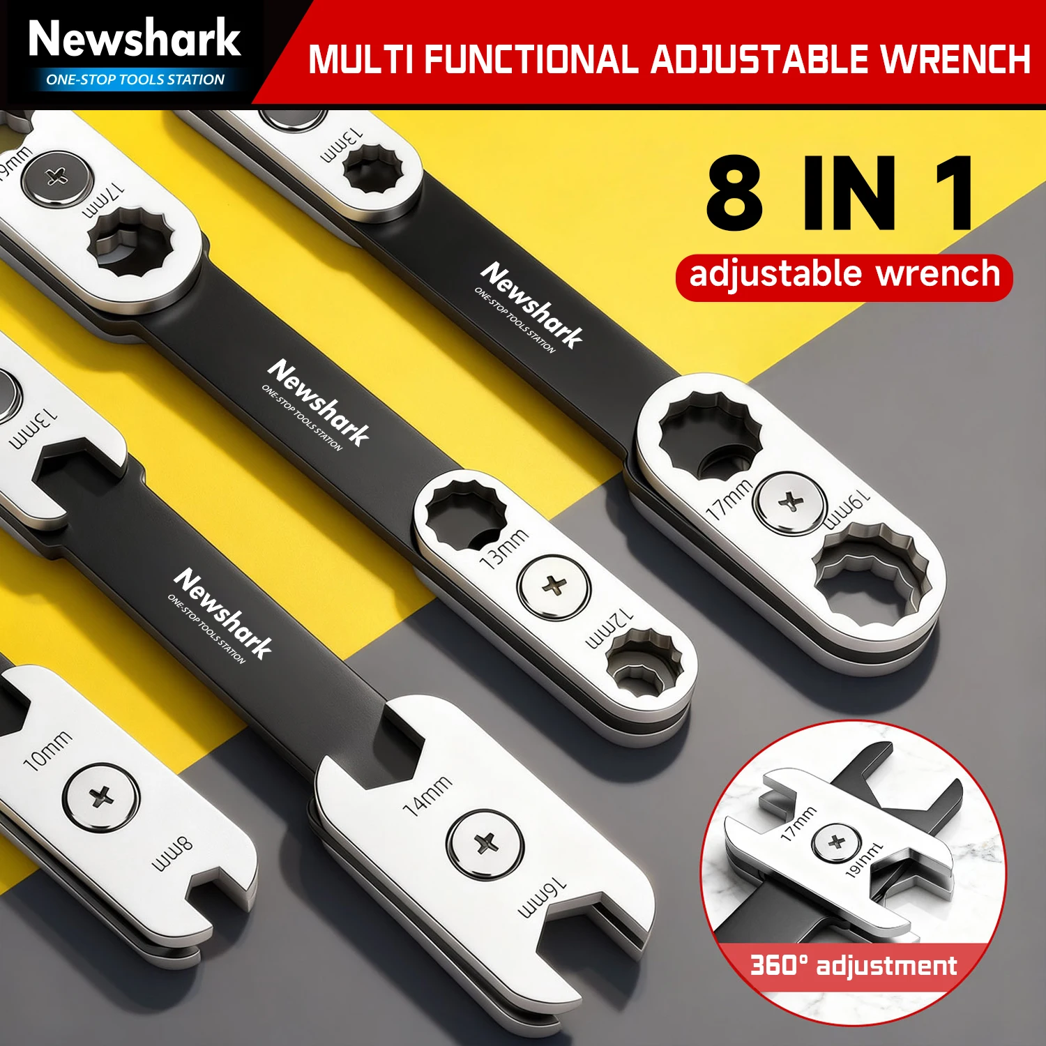 8-in-1 Adjustable Wrench, 360-Degree Rotatable Head Ratchet Combination Spanner for Home Bicycle and Car Repair