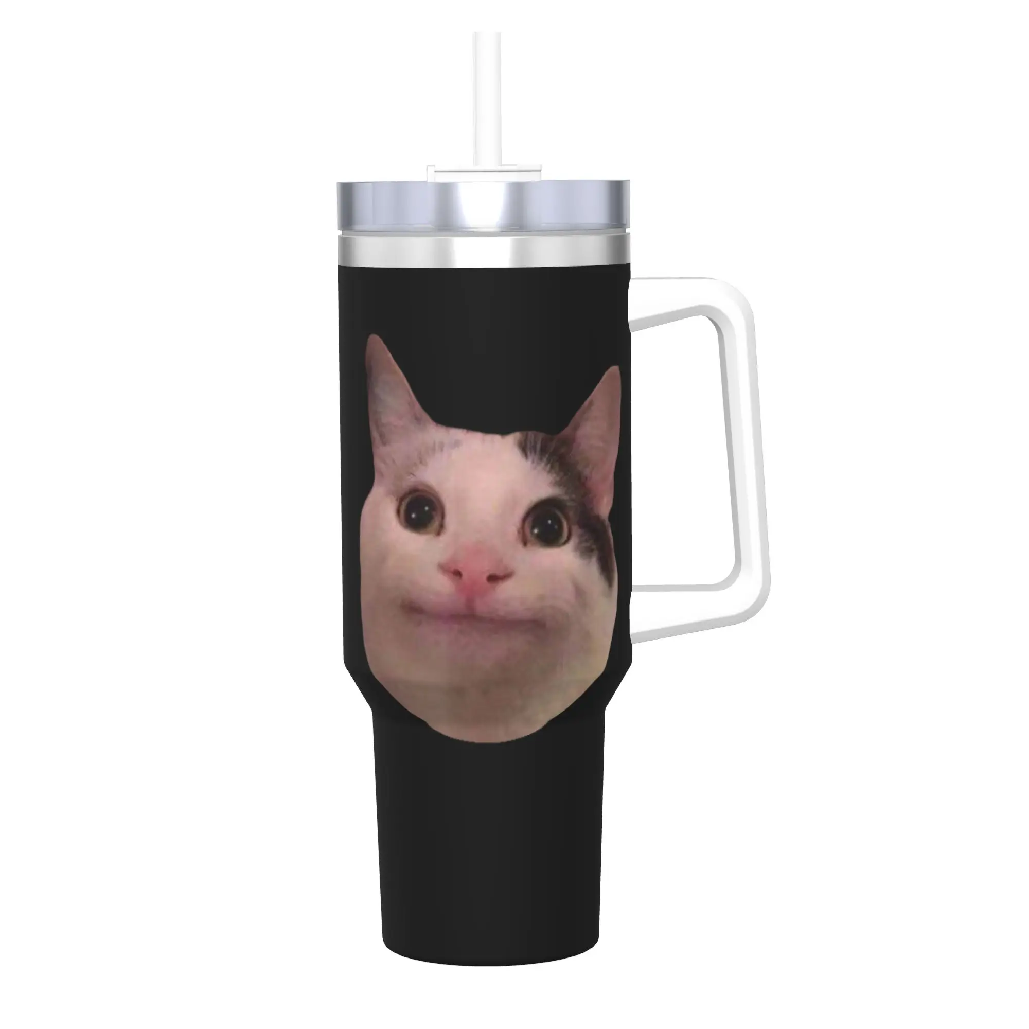 40oz Smiling Beluga Cat Meme Vacuum Insulated Tumbler Internet Viral Joke Handle Mug Gift Ergonomic Straw Lid Cup Cold Hot Drink