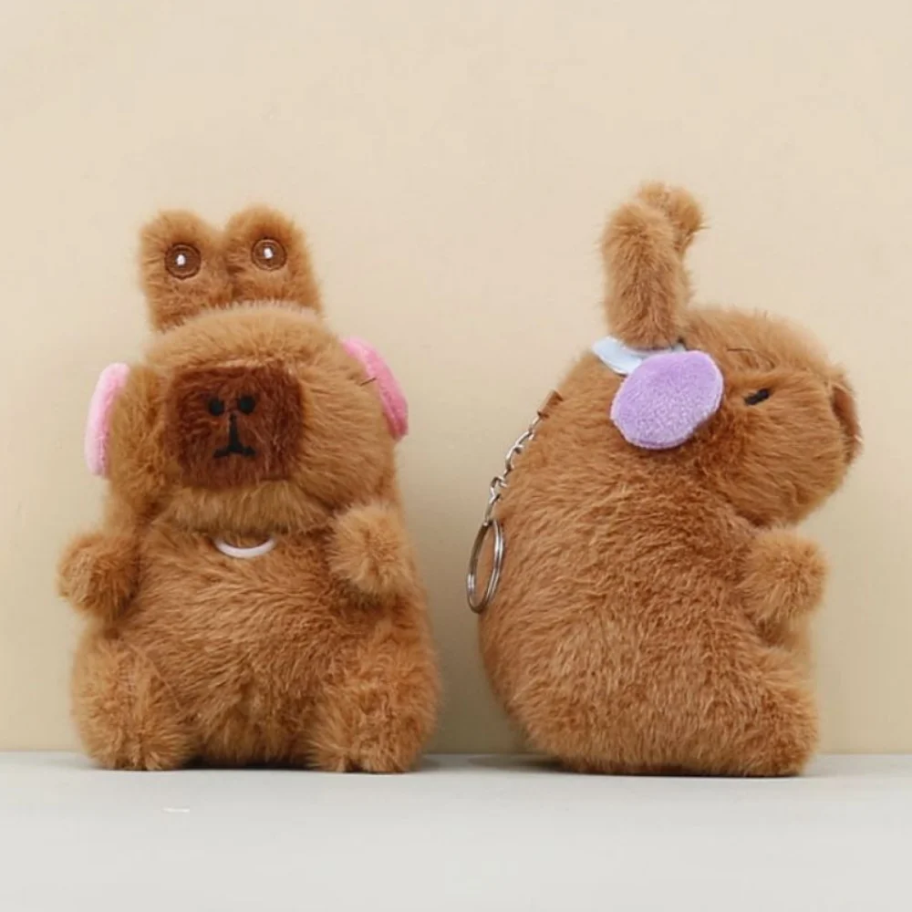 Capybara drôle en peluche pendentif oreilles de lapin mobiles marron dessin animé en peluche porte-clés ailes douces Capybara en peluche porte-clés