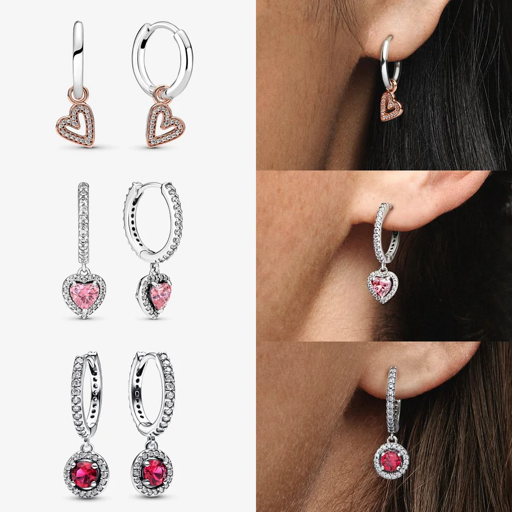 Asli 925 Anting-Anting Perak Sterling Plata De Ley Anting-Anting Kancing Telinga Hati Cinta Berkilauan untuk Hadiah Perhiasan Wanita