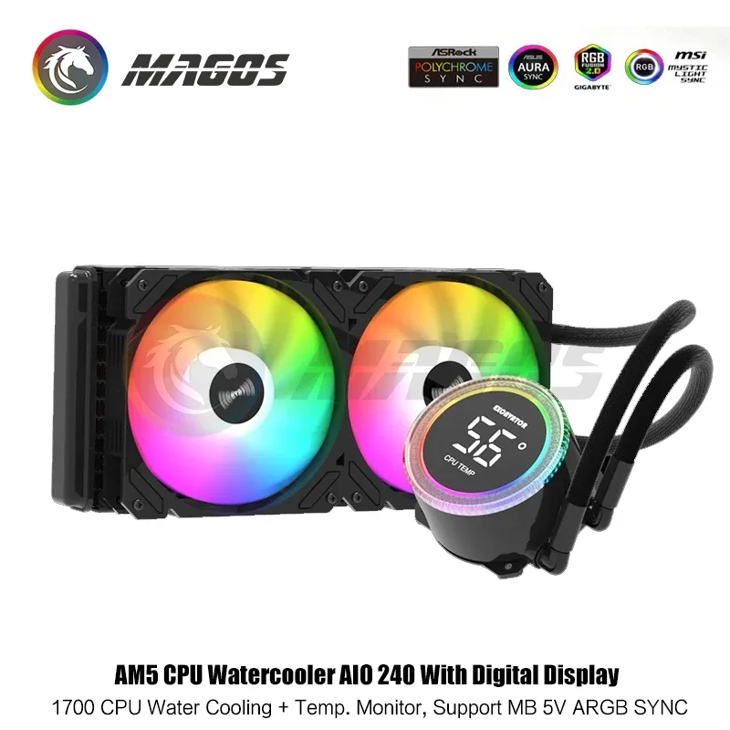 Water Cooling AIO CPU Cooler 240+ Display Monitor, RGB Fan Liquid Heatsink Radiator LGA 1700/1200/115X/2011/2066/AM5/AM4/AM3 AMD