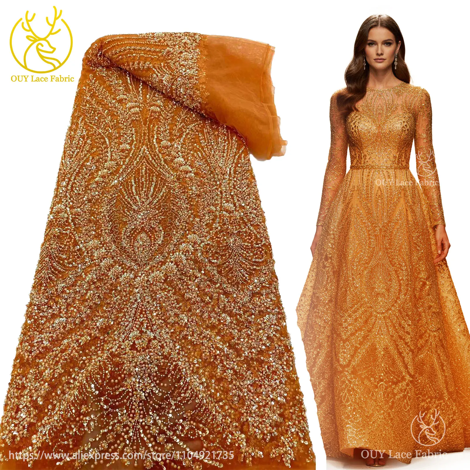 

Роскошная золотая африканская нигерийская кружевная ткань с блестками и бусинами для жениха, 2025, французская шифоновая кружевная ткань, подходящая для свадебных платьев, вечеринок