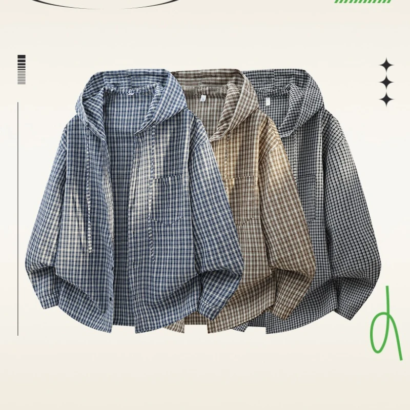 Chemises à carreaux à capuche à manches longues à motifs rétro pour hommes, style décontracté américain, coupe ample, pour couple, printemps/automne