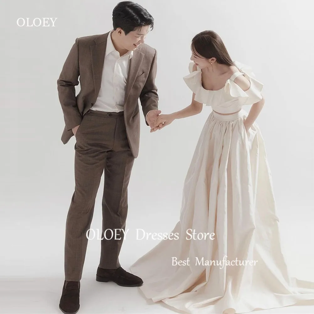 OLOEY Vintage A Line Taffeta Two Pieces Wedding Dresses With Pockets Off Shoulder Short Sleeves Bridal Gowns Robe de mariage