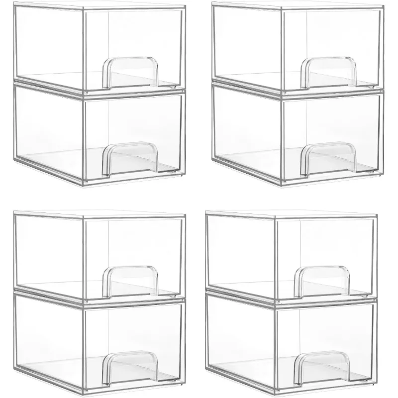 

8 Pack Clear Stackable Storage Drawers, 4.4'' Tall Acrylic Bathroom Makeup Organizer,Plastic Storage Bins For Vanity, U