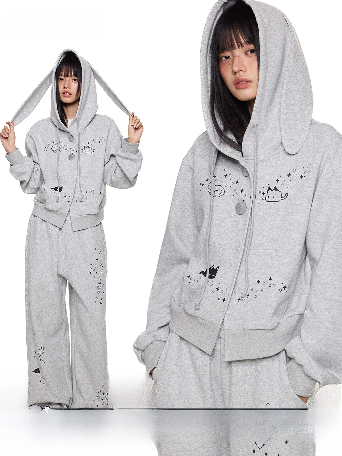 

EZEK Rabbit Ear Cartoon Print Hoodie Set Casual Spor Loose Fit Autumn New Sle Long Sve Zipper Closure Cotton Blend