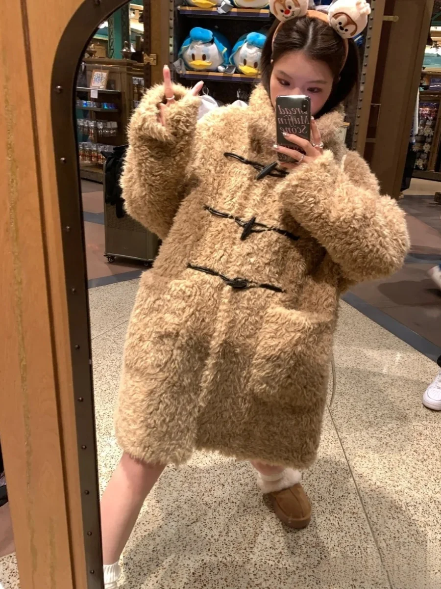 معطف نسائي متوسط الطول من الفرو الصناعي، معطف دافئ بأزرار على شكل قرون الدب، معطف طويل بأكمام طويلة وياقة مربعة