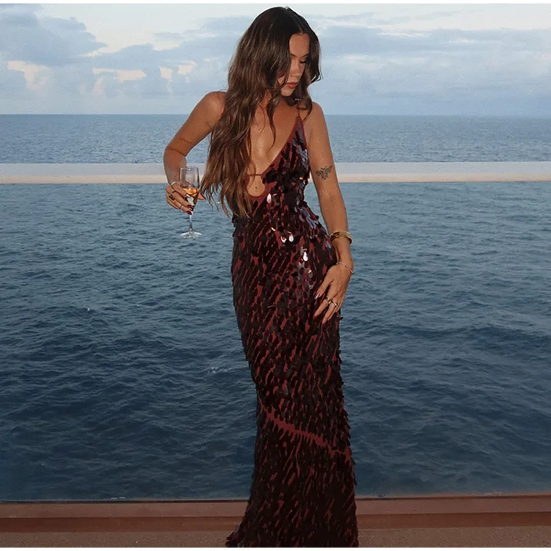 

Sexy Hollow Out Sequined Long Party Dress Women V-neck Sleeveless Backless Sling Dresses 2025 Summer Lady Beach Holiday Robes