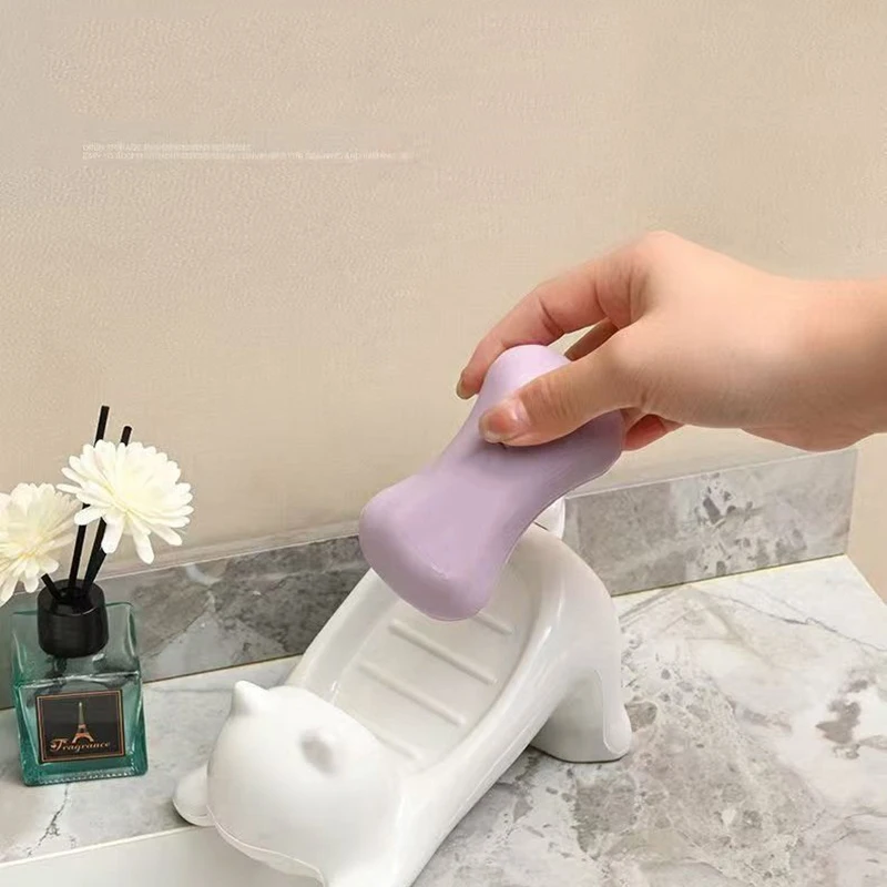 かわいい猫の排水石鹸ホルダー、滑らかなプラスチック製のトイレ石鹸皿、ケーストレイ、家庭用バスルームアクセサリー、洗面所ツール、1個、2個