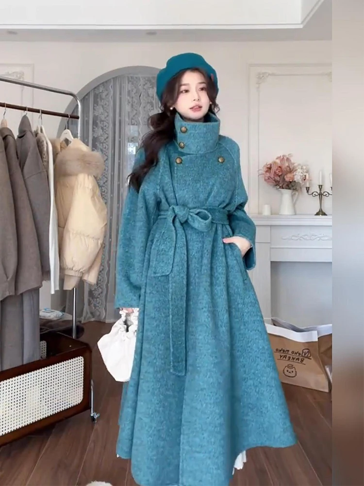 plus Size Vintage Lady High End Woolen Coat Women Winter Hepburn Sle mid Length Waist Cinched Tweed Coat Korean Sle Long ...